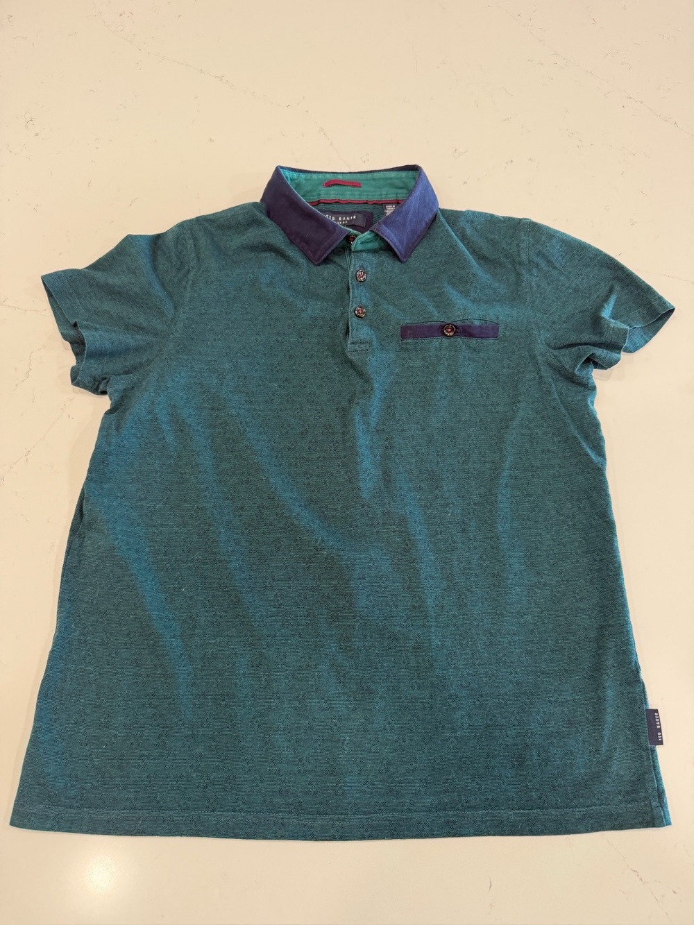 Ted Baker Teal Short-Sleeve Polo with Navy Contrast Collar - Medium